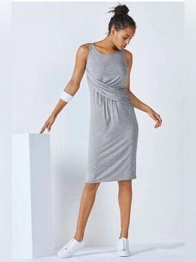 Fabletics Retta Midi Dress Gray Sleeveless Ruched Waist Size Medium Resort Cozy